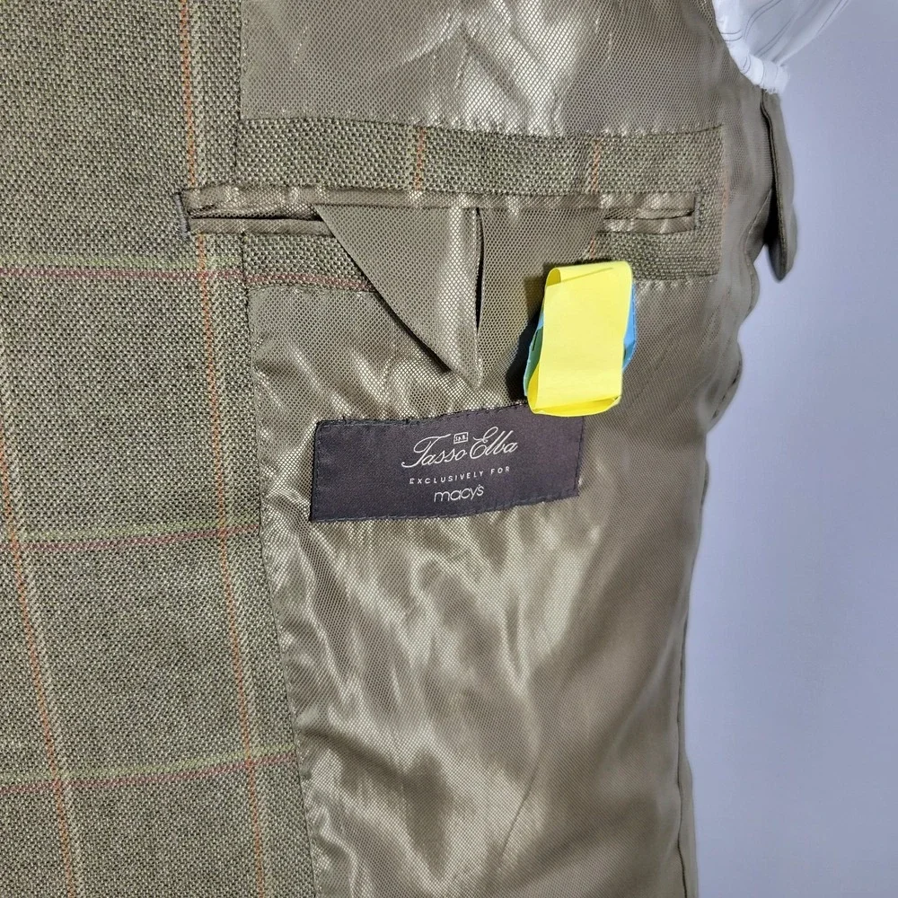 Tasso Elba Men's Sport Coat Blazer Two Button Olive Plaid Silk‎ Camel hair 42L